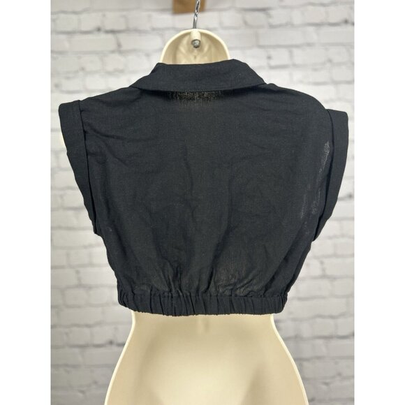 7 For All Mankind Black Cropped Elastic Waist Button Up Collared Top Size XS - Picture 2 of 7